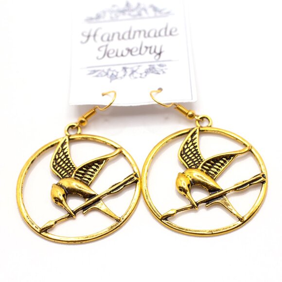 Goldtone Katniss Everdeen Hunger Games Mockingjay Hoop Earrings, New - Picture 1 of 2